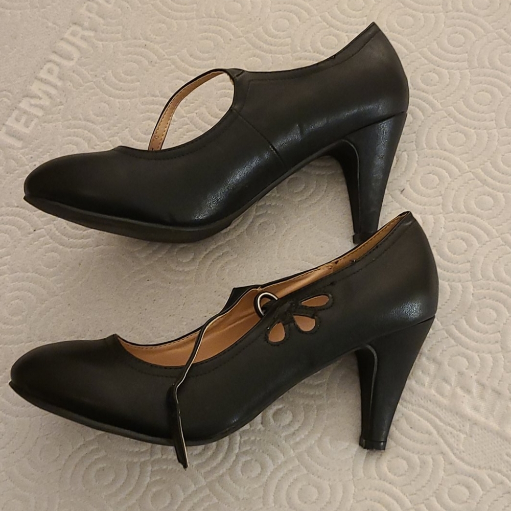 Black faux leather heels